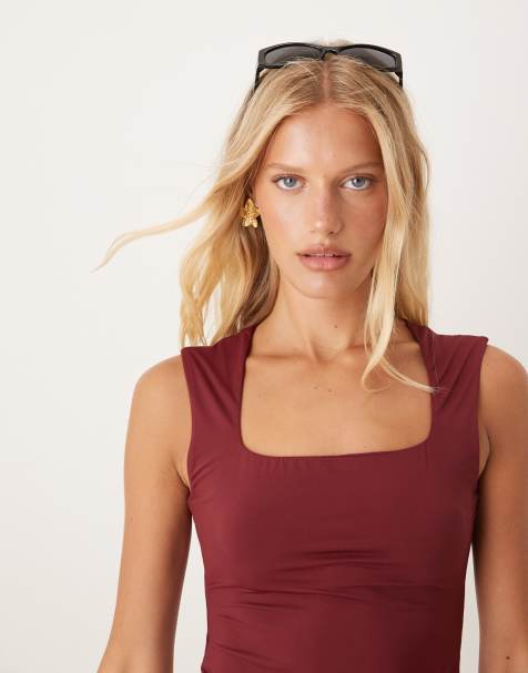 Mango sculpt square neck top in burgundy - view 1