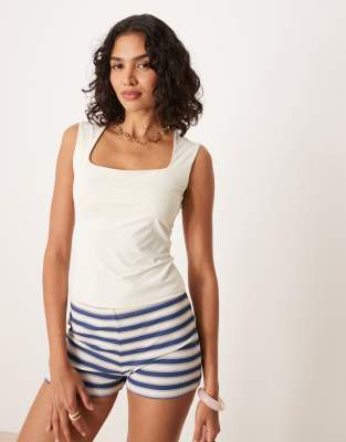 Mango Mango sculpt square neck top in ivory-White