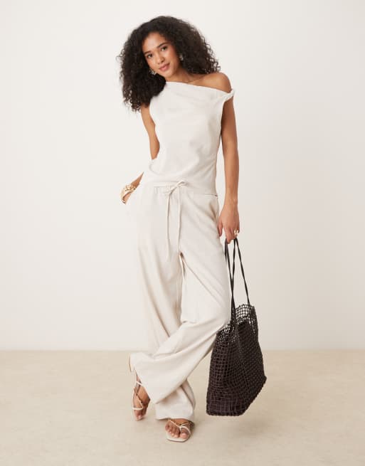 Mango sculpt twist shoulder vest top & trouser co-ord in ivory
