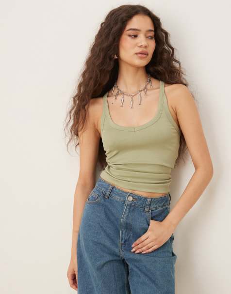 Mango sculpt v neck cami top in soft green - view 1