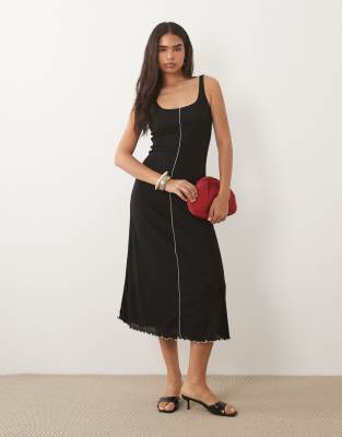 Mango Seam Detailing Scoop Neck Midi Dress In Black