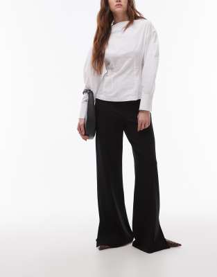 seam front jersey straight leg pants in black
