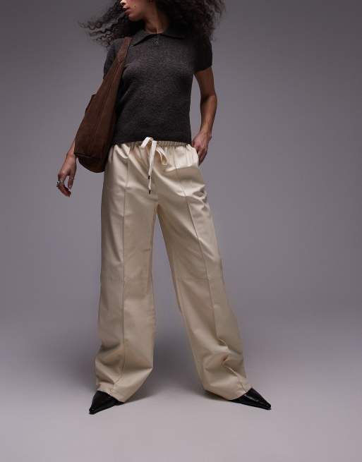 Mango seam front soft faux leather pants in cream