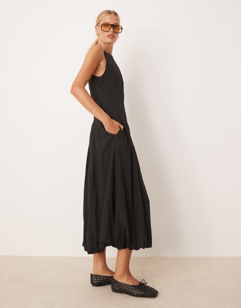 Mango seamed detail soft bubble hem midi dress in black - view 1