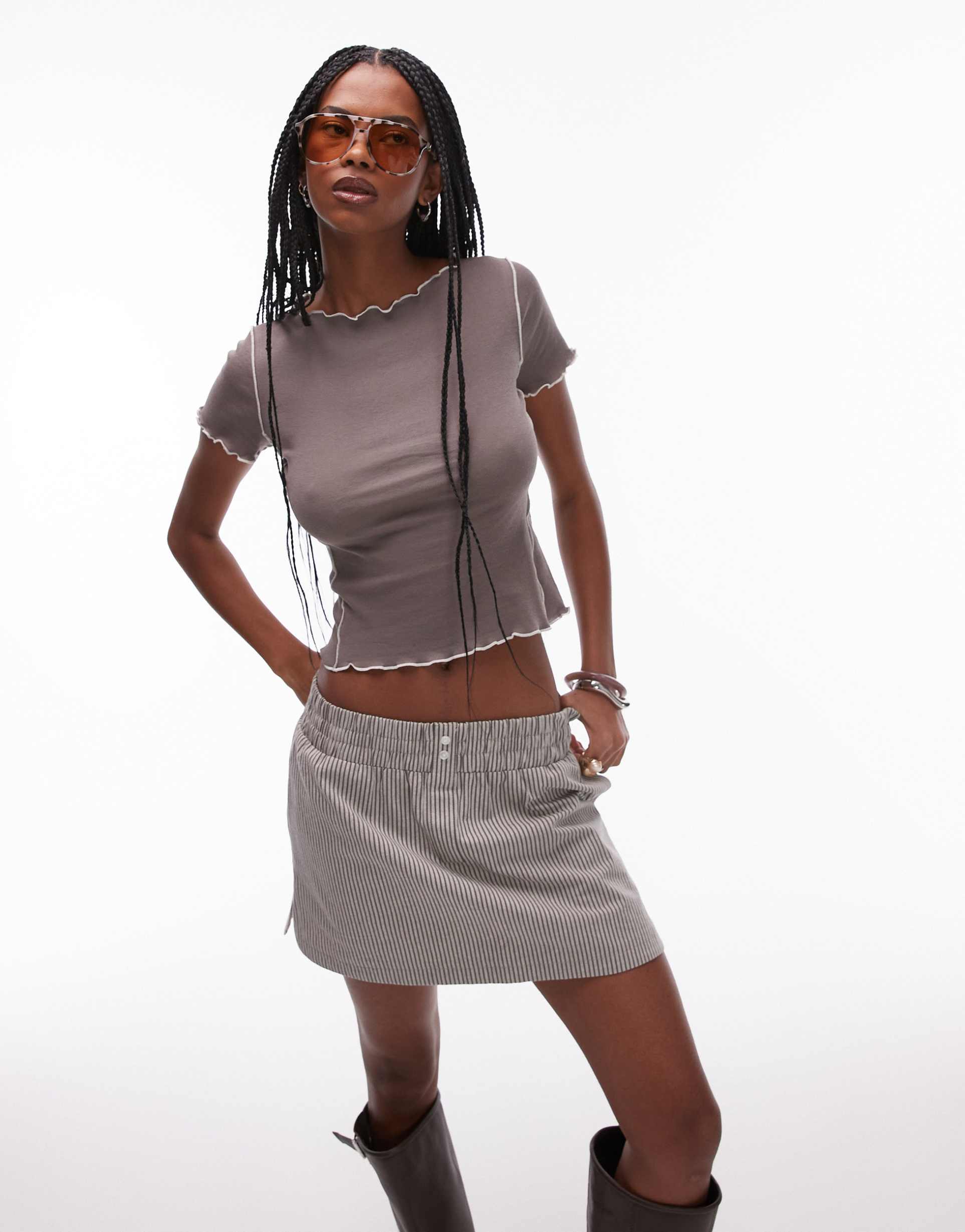 mango seamed lettuce edge t-shirt in brown