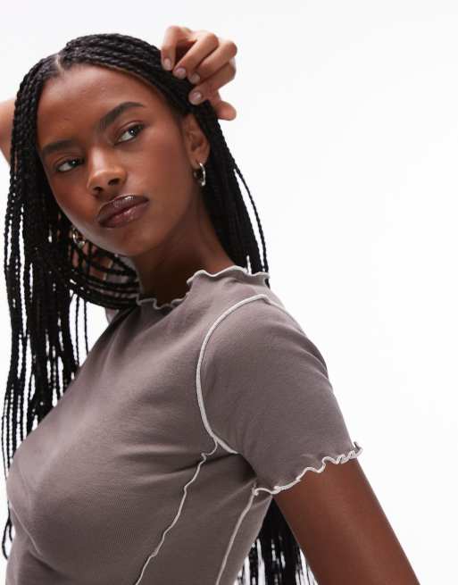 Mango seamed lettuce edge t-shirt in brown