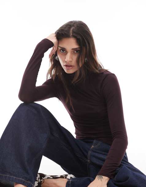 Mango second skin long sleeve t-shirt in burgundy - view 1