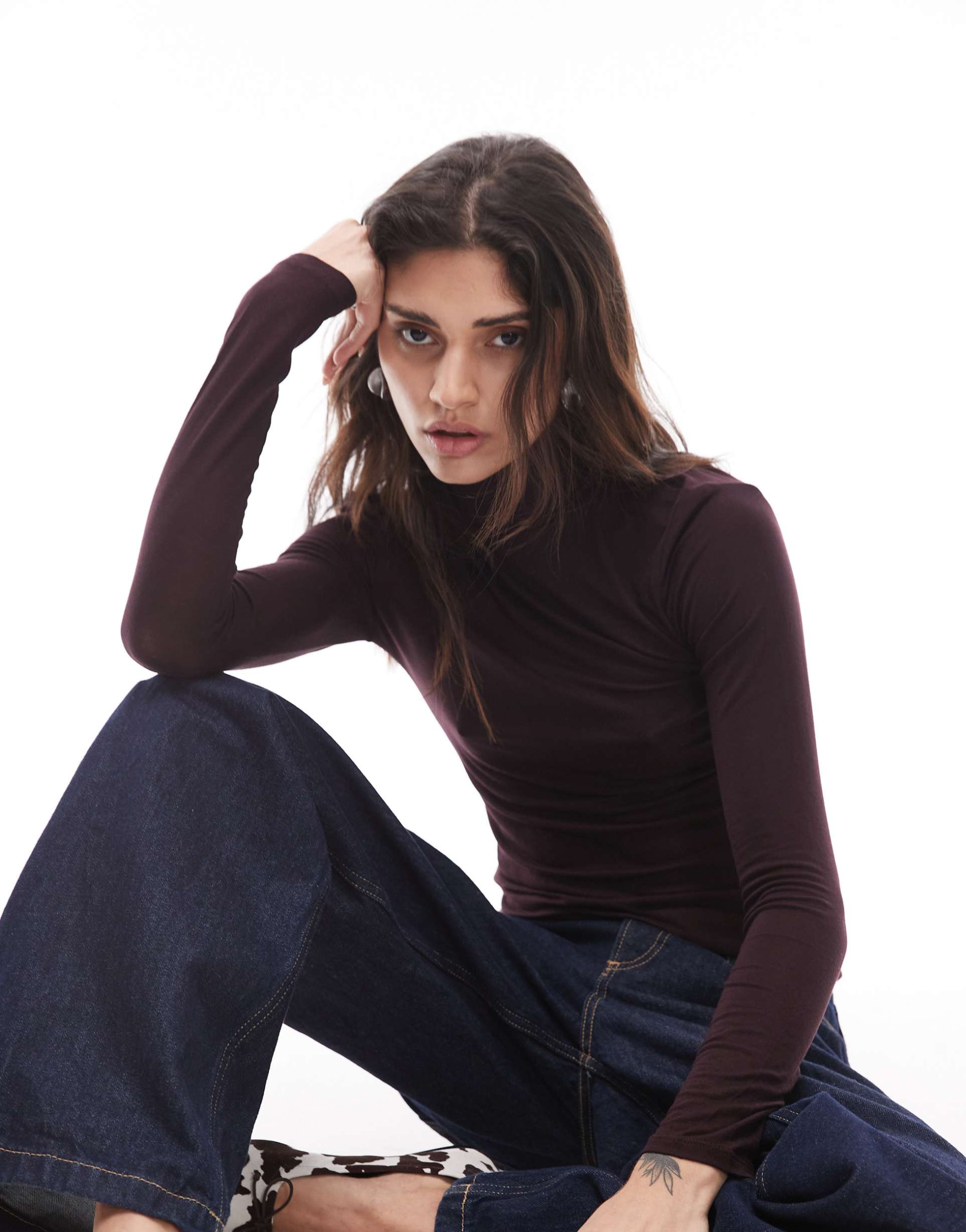 mango second skin long sleeve t-shirt in burgundy