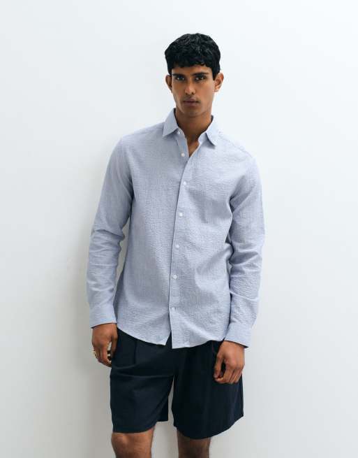 Mango seer sucker long sleeve striped shirt in mid blue, 4 of 5