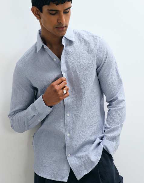 Mango seersucker long sleeve striped shirt in mid blue - view 1