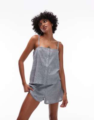 Mango Seersucker Pajama Cami Top And Shorts Set In Green