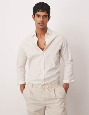 Mango Seersucker Stripe Long Sleeve Shirt In White