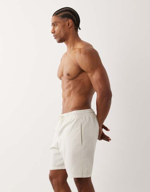 Mango seersucker striped swimshorts in beige, 5 of 5