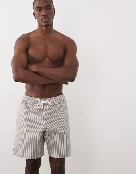 Mango seersucker striped swimshorts in khaki - view 1