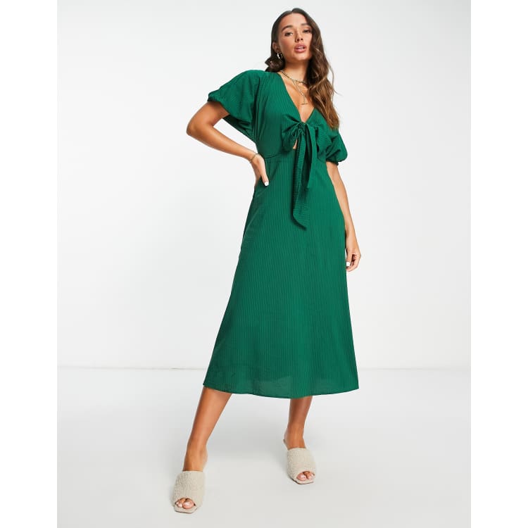 Mango seersucker tie front midi dress in deep green