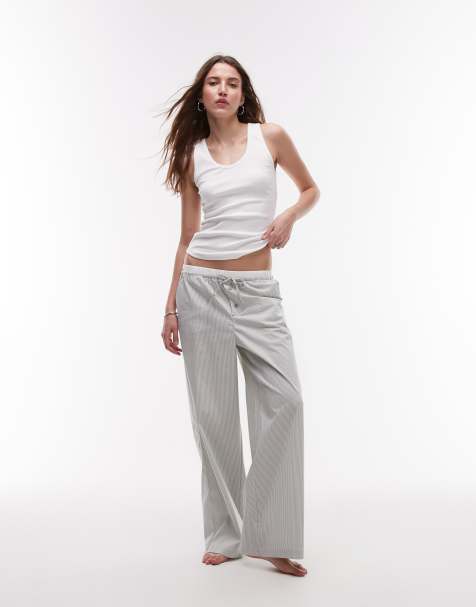 Mango seersucker wide leg pyjama trouser in blue stripe - view 1