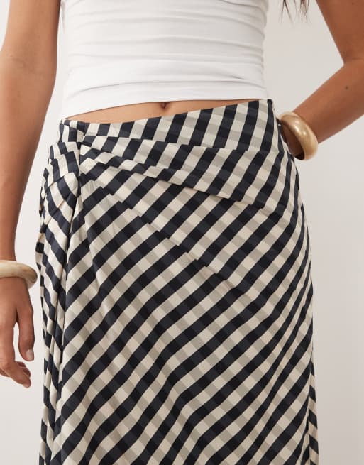 Mango – Seitlich geraffter Midirock in Marineblau mit Karomuster, 4 von 5