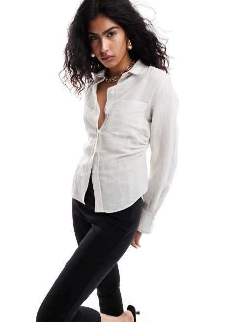 Mango - Selection - Camicia beige in misto lino stretta in vita