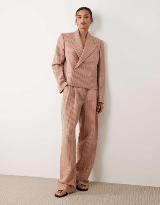 Mango - Selection - Co-ord set linnenmix van gestreepte cropped blazer met bandjes en broek in roze, 2 van 3