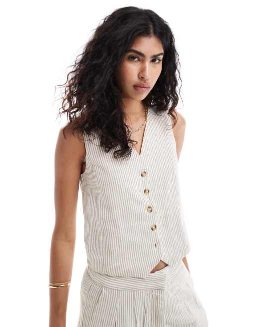 Mango - Selection - Gilet d'ensemble de costume à fines rayures en lin mélangé - Blanc