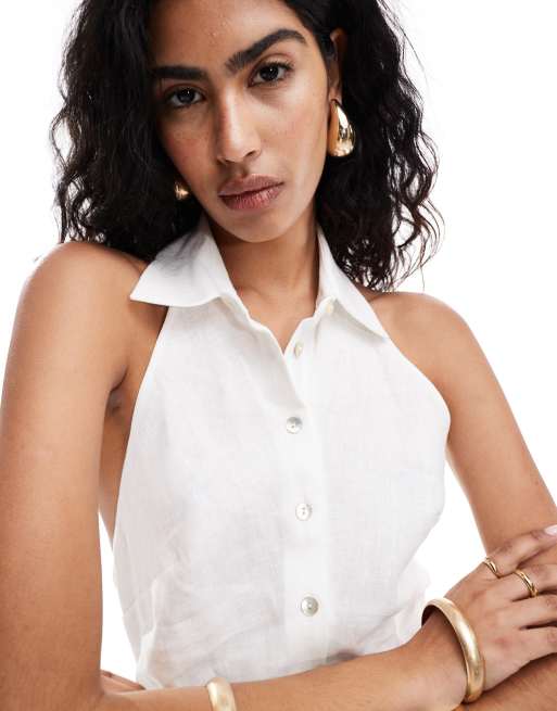 Mango Selection linen halter shirt dress in white | ASOS