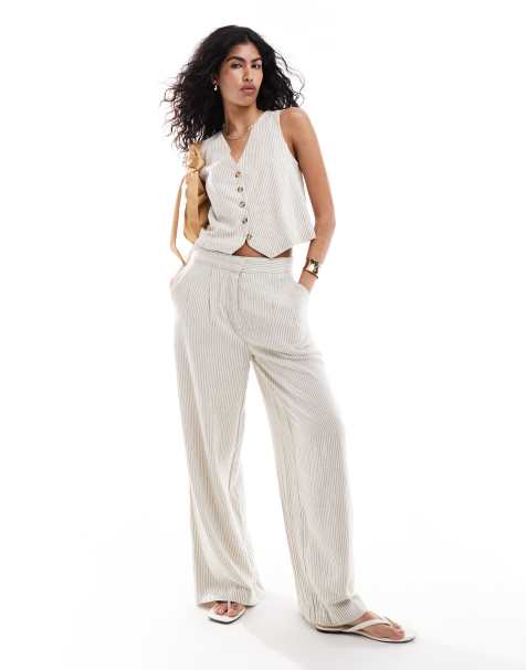 Mango Selection linen mix pinstripe straight leg pants in white - part of a set - view 1