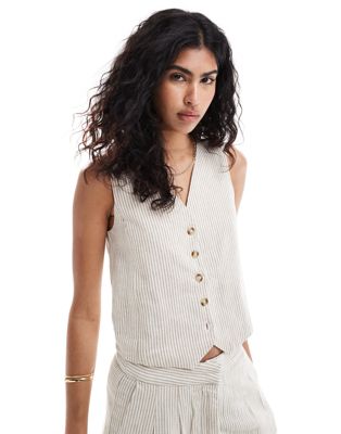 Mango Selection Linen Mix Pinstripe Vest In White - Part Of A Set