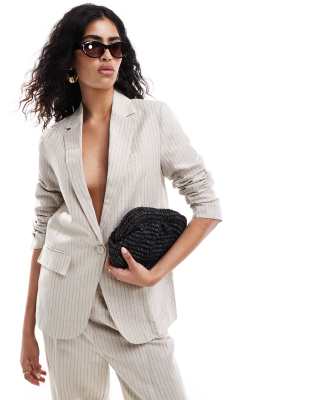 Mango Selection Linen Mix Striped Blazer In Beige - Part Of A Set-neutral