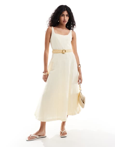 Mango – Selection – Midikleid aus Leinenmix in Cremeweiß mit Ziernaht - view 1