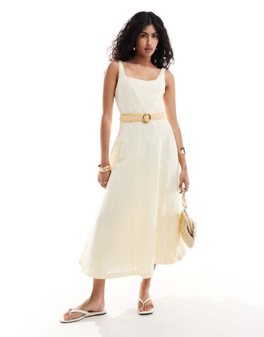 Mango – Selection – Midikleid aus Leinenmix in Cremeweiß mit Ziernaht