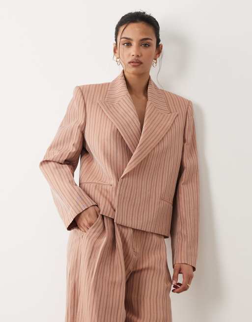 Mango - Selection - Pink cropped blazer i hørblanding med striber - Del af sæt, 4 af 4
