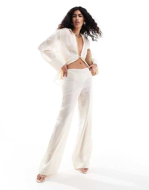 Mango Selection sheer lightweight co-ord trousers in natural - view 1