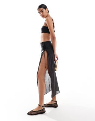 Mango Selection sheer lightweight tie side co-ord skirt in black