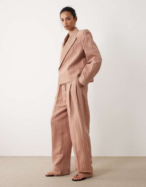 Mango Selection Strappy linen mix tailored barrel trouser co-ord in pink stripe, 3 of 5