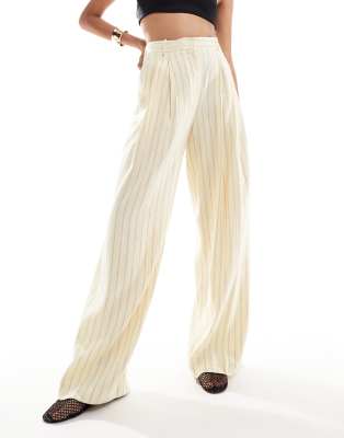 Mango Selection stripe linen mix straight leg trouser in yellow