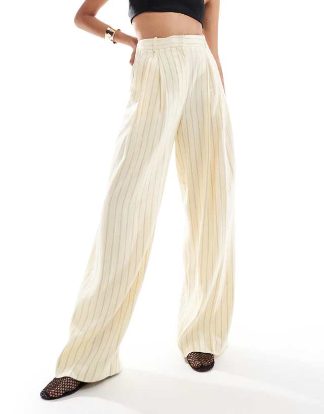 Mango - selection stripe linen mix straight leg trouser in yellow