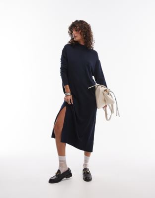 semi high neck long sleeve maxi dress in navy