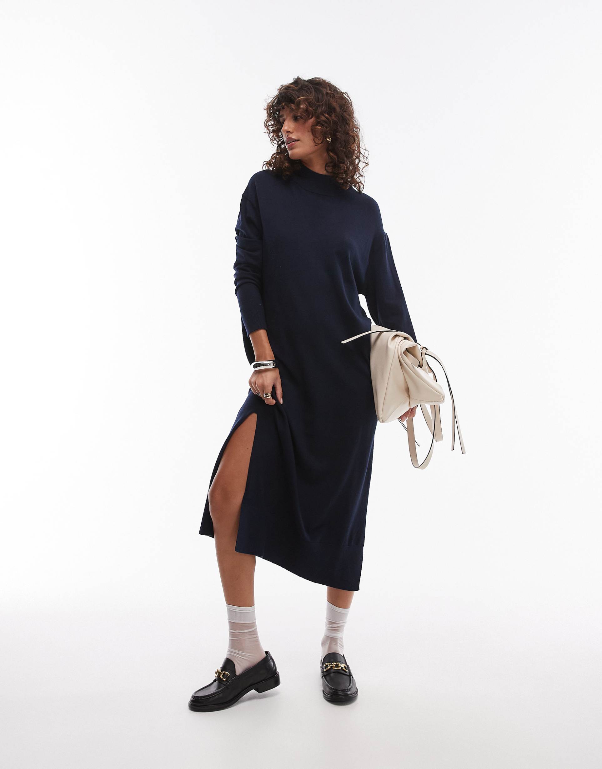 mango semi high neck long sleeve maxi dress in navy