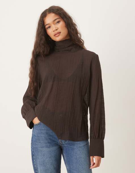 Mango semi sheer high neck tie detail blouse in brown - view 1