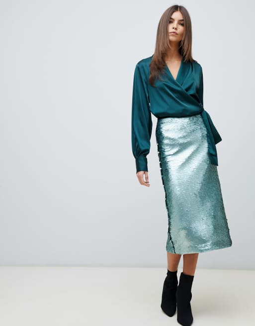 Mango sequin detail midi skirt in turquoise ASOS