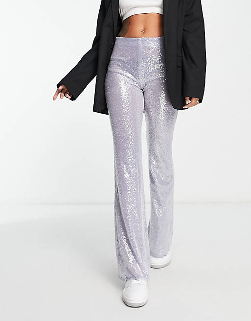 Mango sequin flare trousers in silver | ASOS