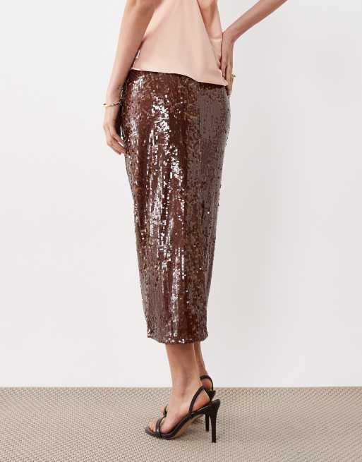 Mango sequin knee length skirt in mid brown, 5 of 5