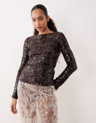 Mango Sequin Long Sleeve Top In Brown