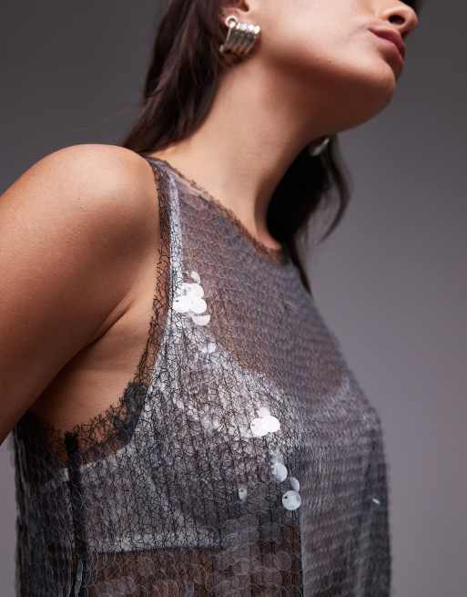 Mango sequin mesh sleeveless top in silver, 2 of 4