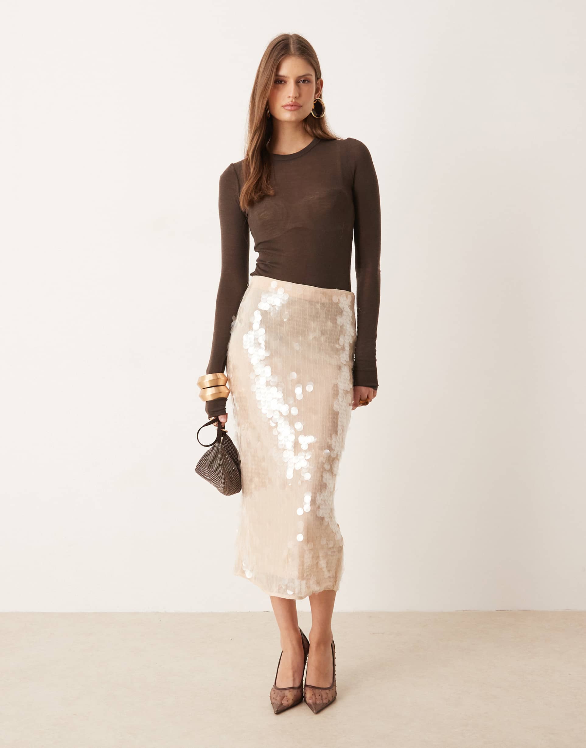 mango sequin midi skirt in beige