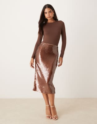 Mango Sequin Midi Skirt In Brown