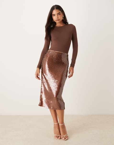 Mango sequin midi skirt in brown - view 1
