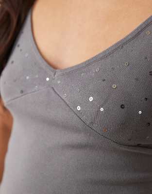 Mango Sequin Strappy Cami Top In Gray