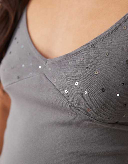 Mango sequin strappy cami top in gray, 2 of 4