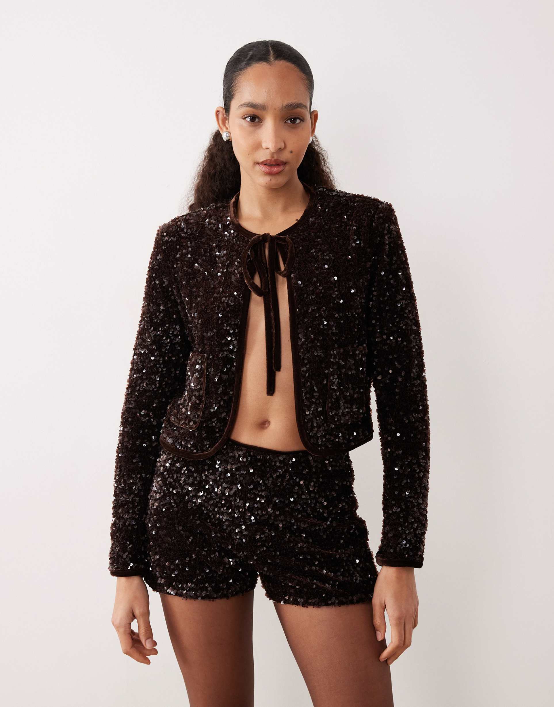 mango sequin tie front jacket in chocolate - part of a set